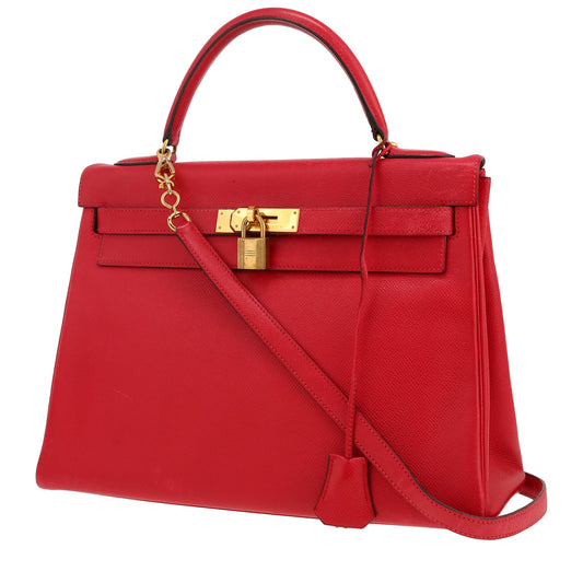 Hermès Kelly Handtasche, 32 cm, aus rotem Courchevel-Leder